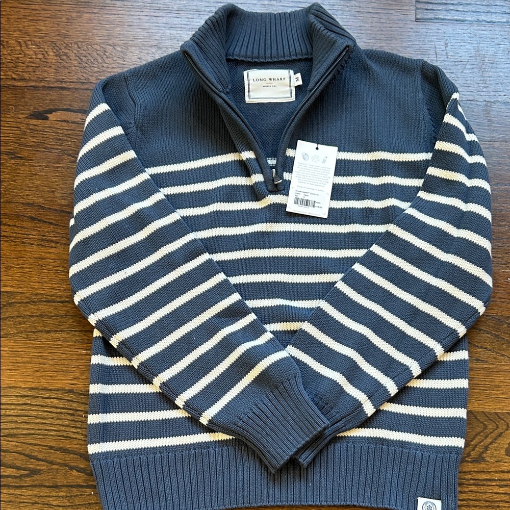 Long Wharf | Women’s Navy & White Striped Quarter-Zip Sweater